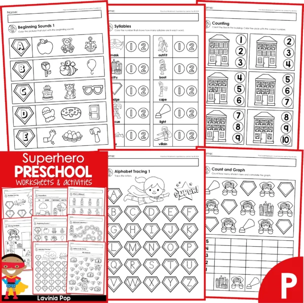 Superhero Preschool Worksheets. Beginning Sounds | Syllables | Counting | Alphabet Tracing | Count and Graph