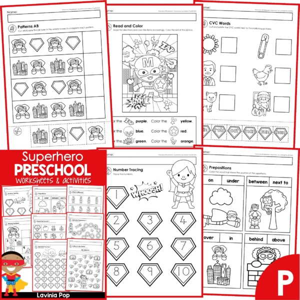 Superhero Preschool Worksheets. Patterns | Read and Color | CVC Words | Number Tracing | Prepositions