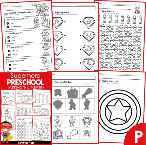 Superhero Preschool Worksheets. Reading Comprehension | Rhyming Words | Sight Words | Matching Shadows | Pasting Fun