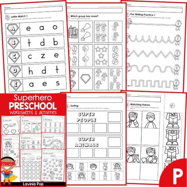 Superhero Preschool Worksheets. Letter Match | More | Pre-Writing | Sorting | Matching Halves