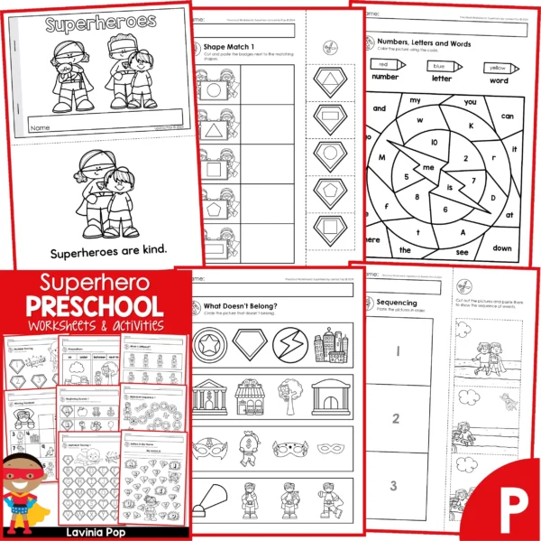 Superhero Preschool Worksheets. Reader | Shape Match | Number, Letters, Words | What Doesn't Belong | Sequencing