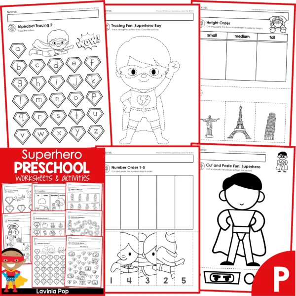 Superhero Preschool Worksheets. Alphabet Tracing | Tracing Fun | Height Order | Number Order | Cut and Paste