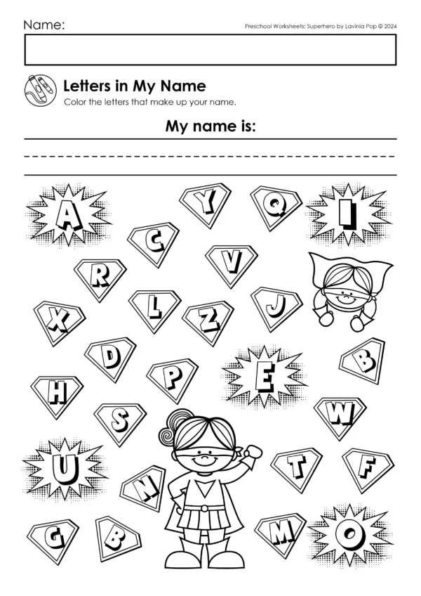 Superhero Preschool Worksheets. Letters in my Name