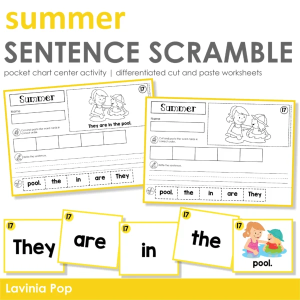 Summer Sentence Scramble Pocket Chart Center Activity with Cut and Paste Worksheets