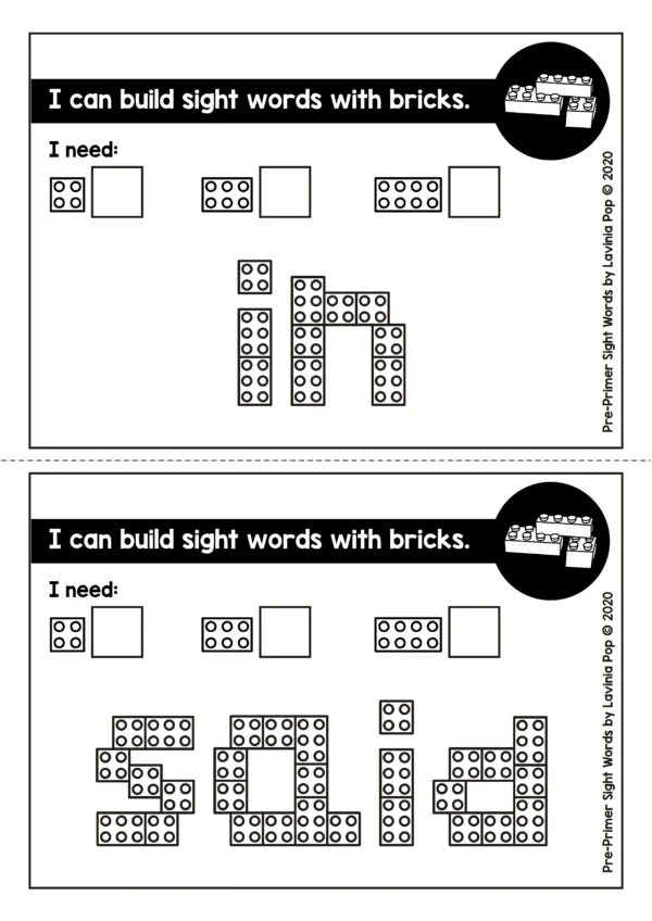 Free Sight Word Building Bricks Task Cards | Pre-Primer Sight Words Center Activity