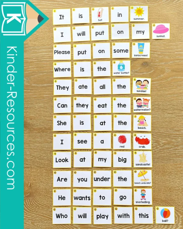 Summer Sentence Scramble. Pocket Chart Word Building Cards