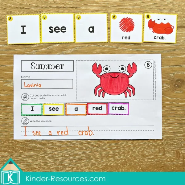 Summer Sentence Scramble. Sentence building cut and paste worksheet with cards
