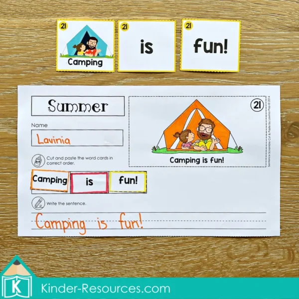 Summer Sentence Scramble. Sentence building cut and paste worksheet with cards differentiated