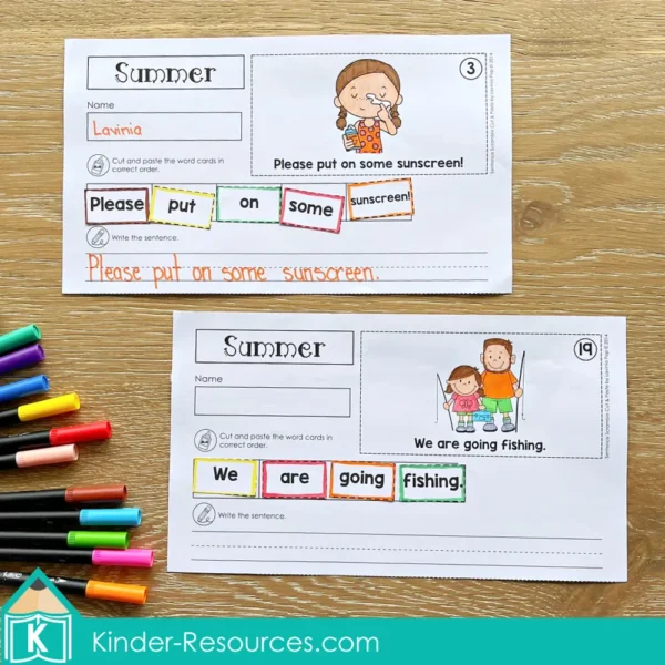 Summer Sentence Scramble. Sentence building cut and paste worksheets differentiated
