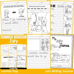 July Writing Journal Prompts. Includes a variety of text types: writing lists, labelling, procedures, opinion pieces, narrative text, letters and acrostic poems.