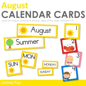 August Calendar Time Cards Pocket Chart | Number Cards, Days of the Week, Seaons