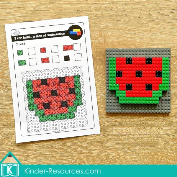 July Fine Motor Preschool Activities. Summer watermelon Lego building bricks task card