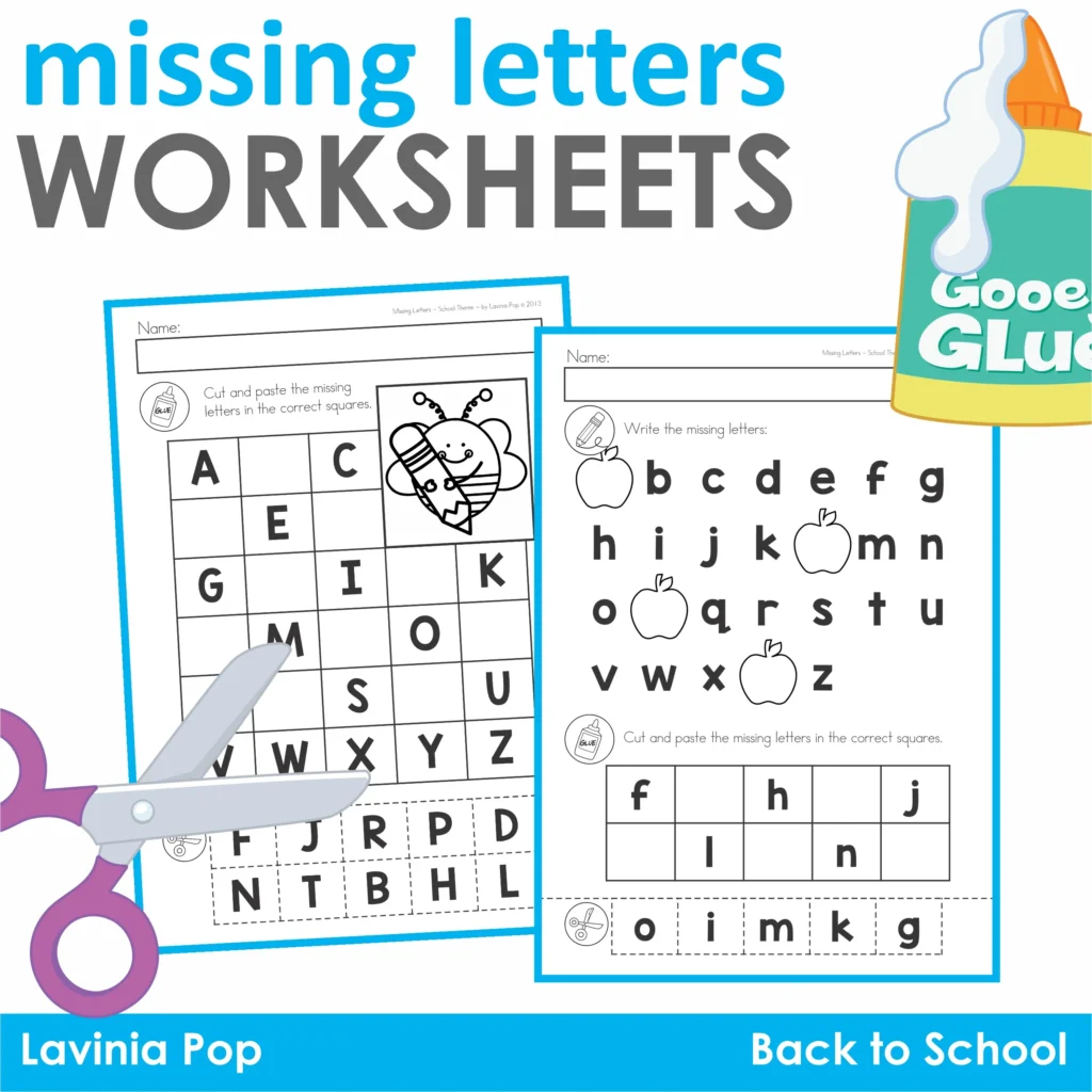 Back to school missing letters cut and paste alphabet worksheets cover with glue, scissors, and sample pages
