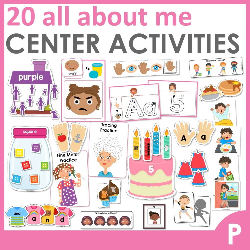 Printable All About Me preschool and kindergarten activities including tracing, shape jars, emotions, letter writing, number sense, rhyming, sequencing, and patterns. Download FREE sample pages on the blog!