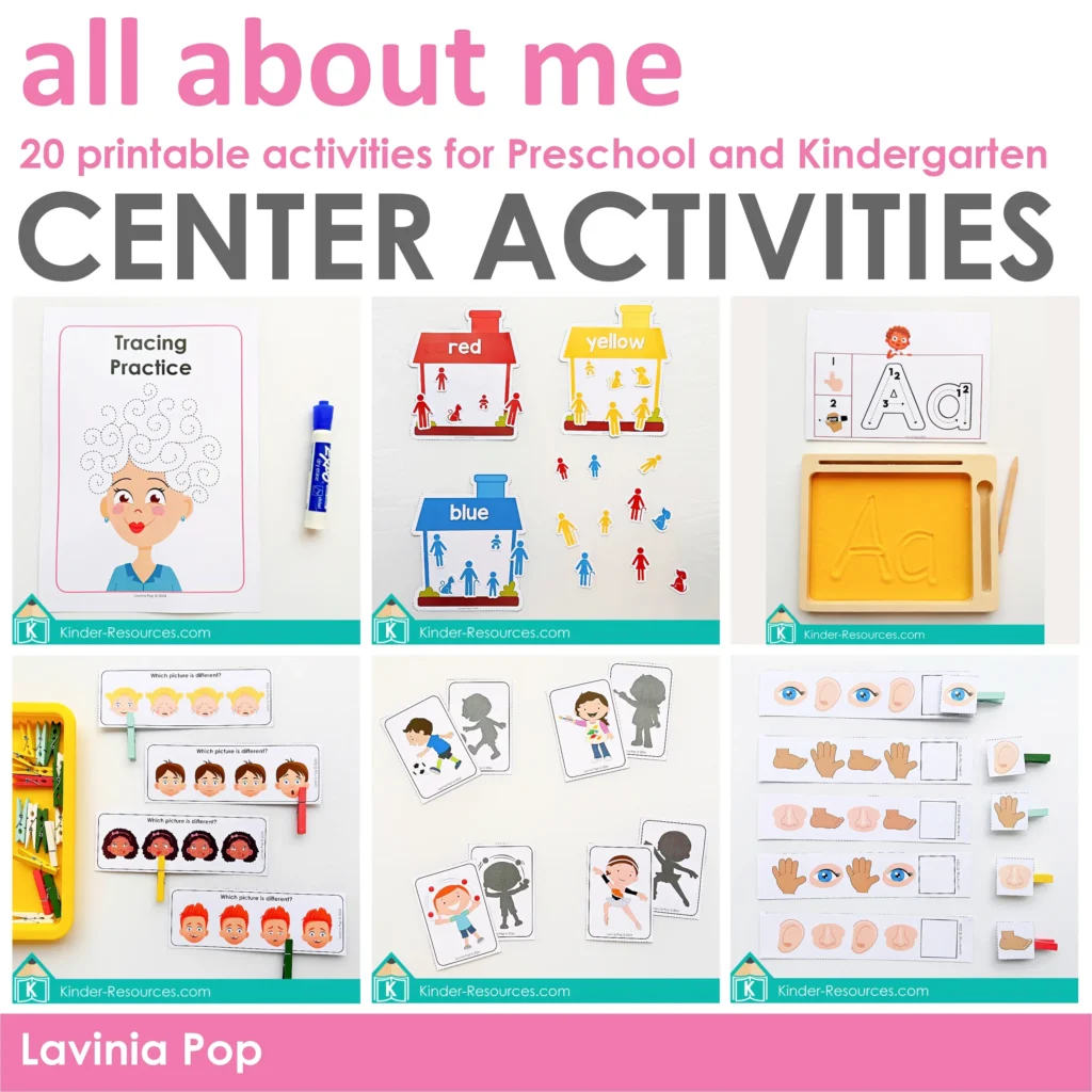 All About Me preschool centers featuring tracing practice, house color match, alphabet sand tray, shadow matching, food sorting, and body parts senses activity. Download FREE sample pages on the blog!