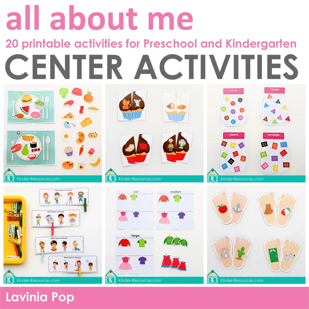 All About Me preschool activities including food sorting, cupcake rhyming, shape jars, clothes sorting, and beginning sounds feet cards. Download FREE sample pages on the blog!