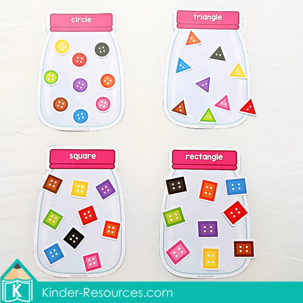 Preschool shape sorting activity matching colorful buttons to jars labeled circle, triangle, square, and rectangle. Download FREE sample pages on the blog!