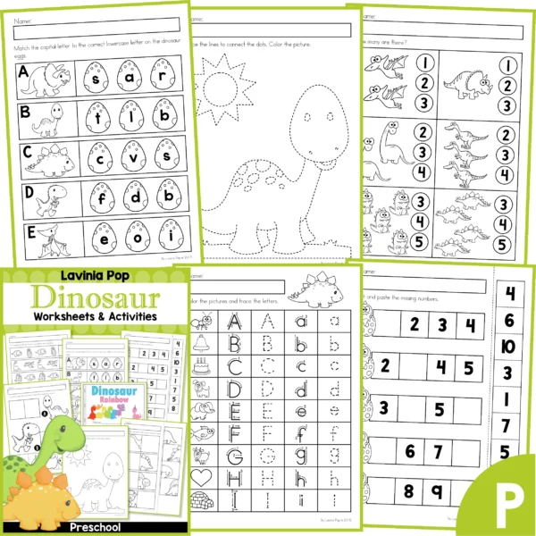 Preschool Dinosaur Worksheets. Alphabet Match | Tracing | Counting | Alphabet Tracing | Missing Numbers