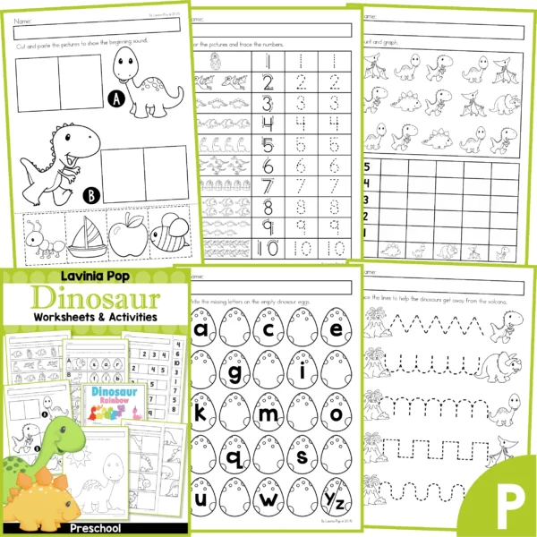 Preschool Dinosaur Worksheets. Beginning Sounds | Number Tracing | Count and Graph | Missing Letters | Pre-Writing Tracing