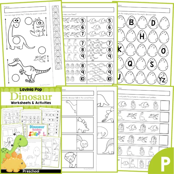 Preschool Dinosaur Worksheets. Measurement | Counting | Missing Letters | Heads and Tails | Patterns