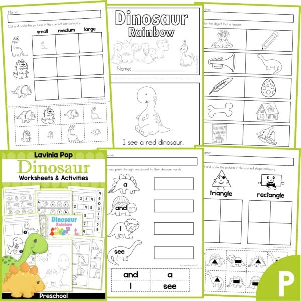 Preschool Dinosaur Worksheets. Size | Reader | Measurement | Sight Words | Shapes