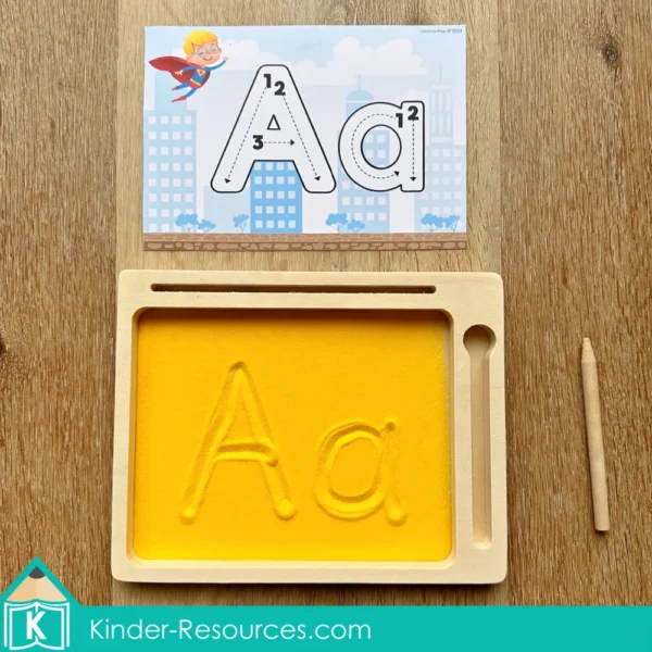 Superhero Preschool Center Activities. Alphabet Sand Tray Writing