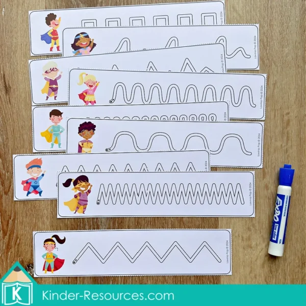 Superhero Preschool Center Activities. Pre-writing tracing cards