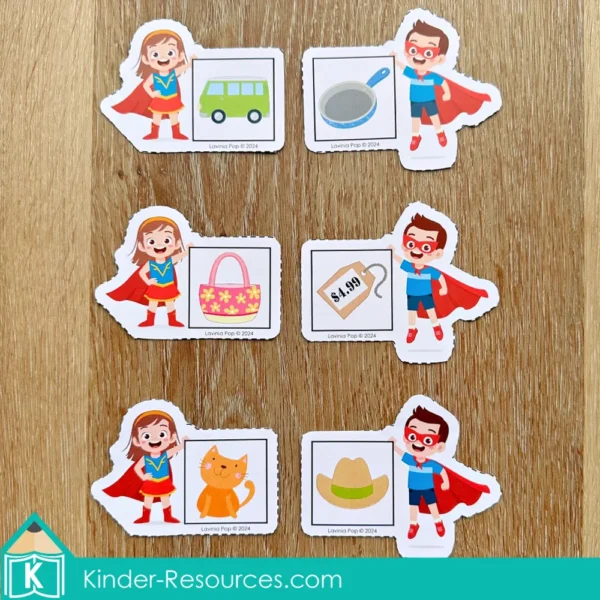 Superhero Preschool Center Activities. Rhyming words match (CVC words)