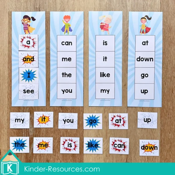 Superhero Preschool Center Activities. Sight word matching activity