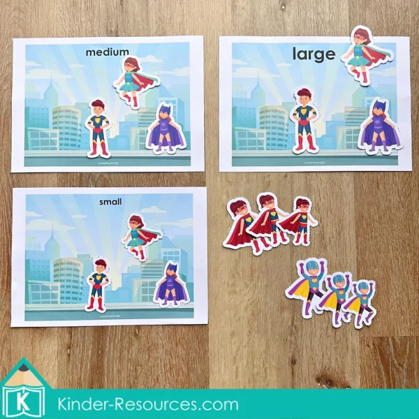 Superhero Preschool Center Activities. Sorting by size small, medium, large