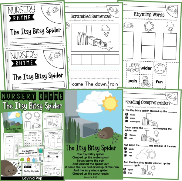 The Itsy Bitsy Spider / The Incy Wincy Spider Nursery Rhyme Worksheets and Activities