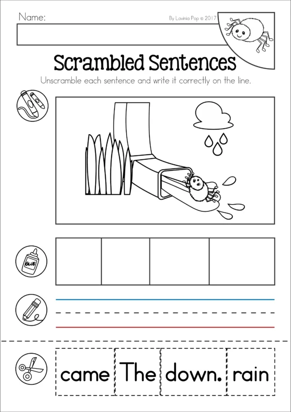 The Itsy Bitsy Spider / The Incy Wincy Spider Nursery Rhyme Worksheets and Activities. Sentence Scramble Cut and Paste