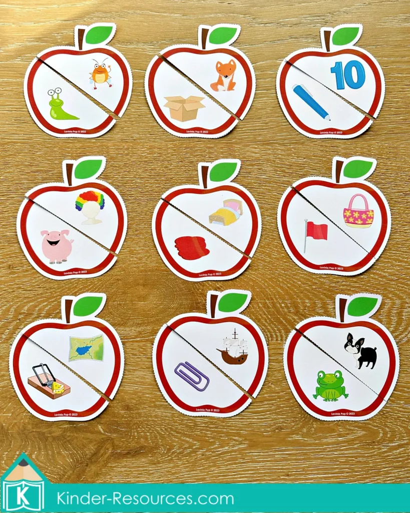 Apple rhyming cards with short vowel words and pictures for preschool and kindergarten phonemic awareness practice. Download FREE sample activities here on the blog!