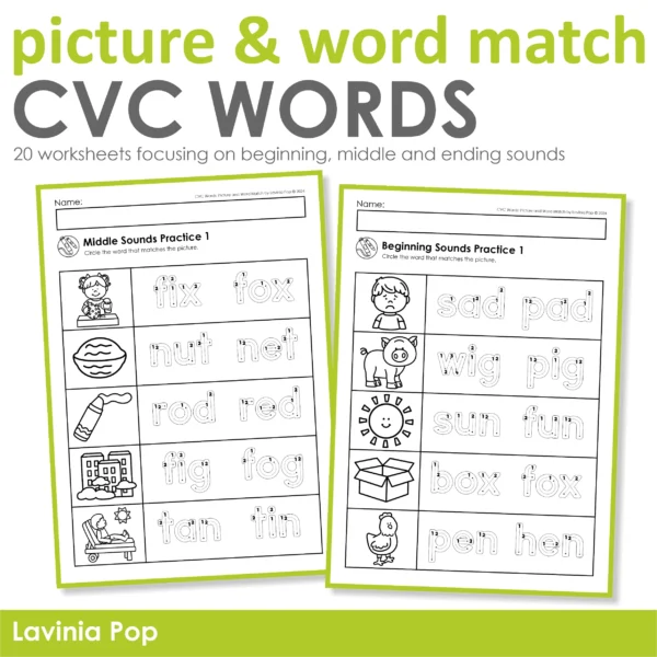 CVC Picture & Word Match Worksheets | Beginning, Middle, Ending Sounds