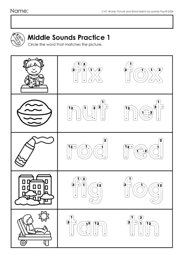 CVC Picture & Word Match Worksheets | Beginning, Middle, Ending Sounds