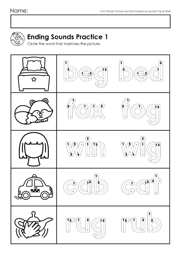 CVC Picture & Word Match Worksheets | Beginning, Middle, Ending Sounds