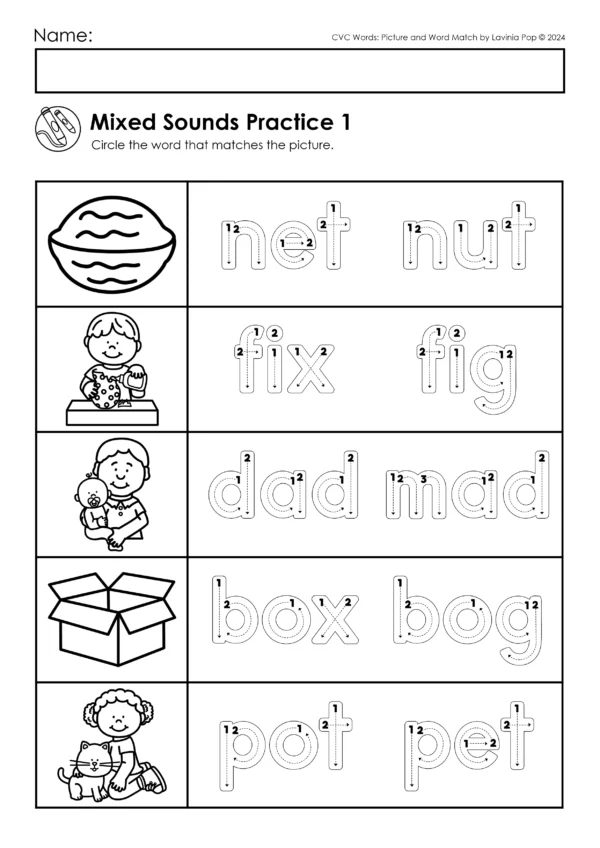 CVC Picture & Word Match Worksheets | Beginning, Middle, Ending Sounds