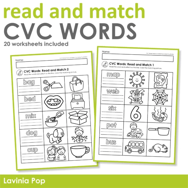 CVC Words: Read and Match Printable Worksheets for Kindergarten and Grade 1