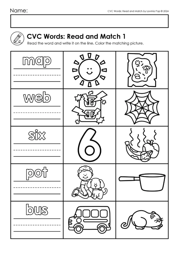 CVC Words: Read and Match Printable Worksheets for Kindergarten and Grade 1