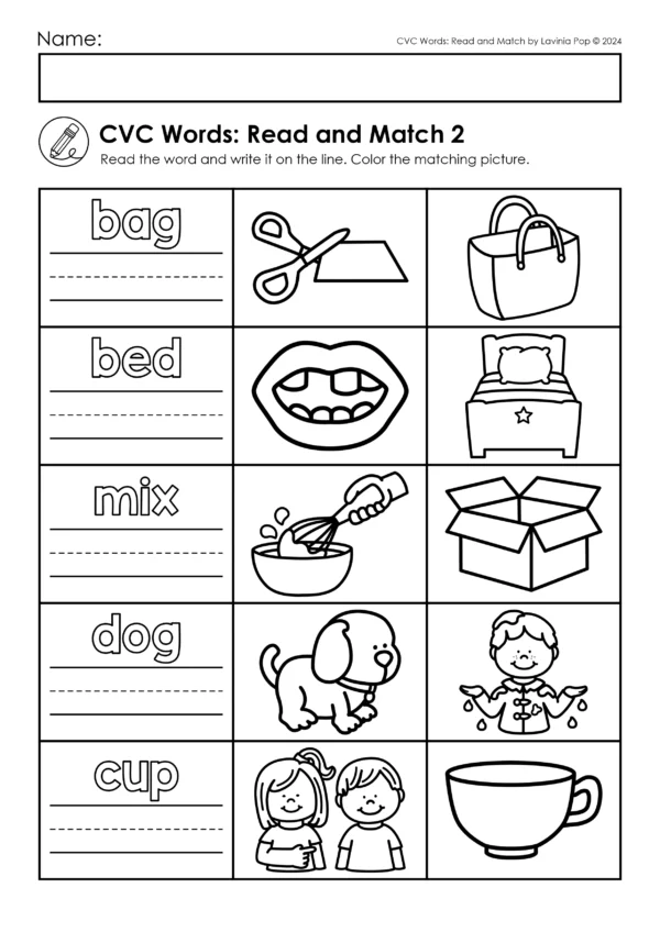 CVC Words: Read and Match Printable Worksheets for Kindergarten and Grade 1