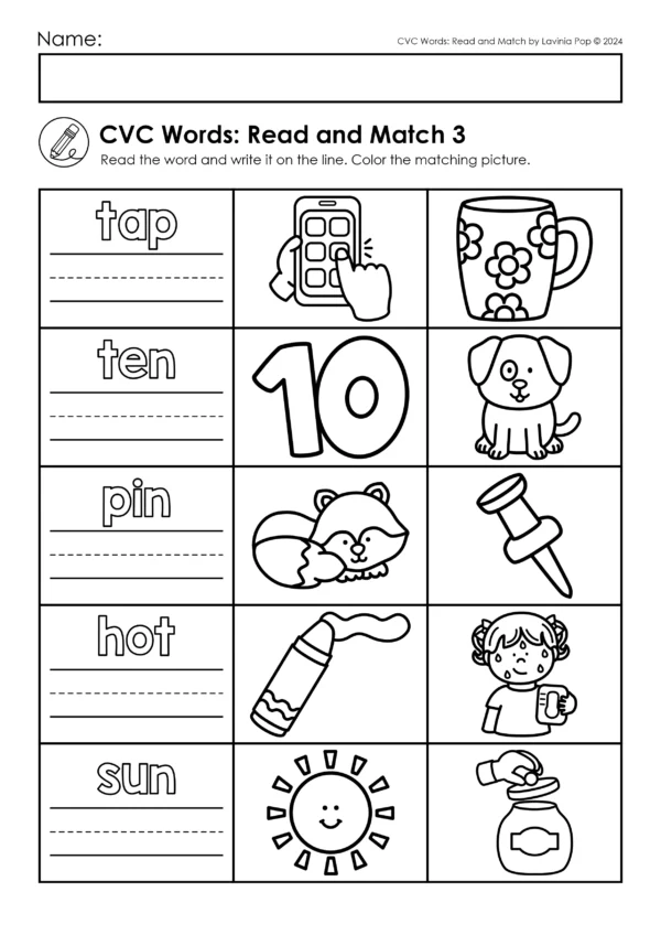 CVC Words: Read and Match Printable Worksheets for Kindergarten and Grade 1