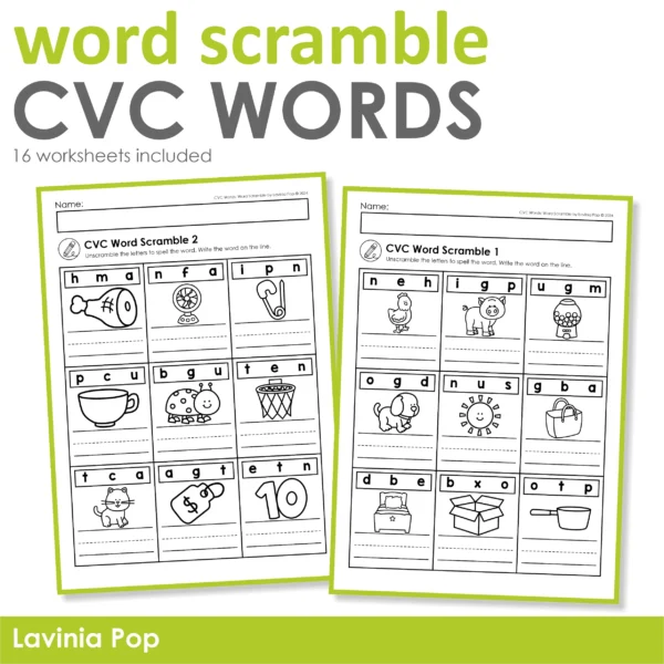 CVC Word Scramble Printable Activity for Kindergarten | 16 Worksheets