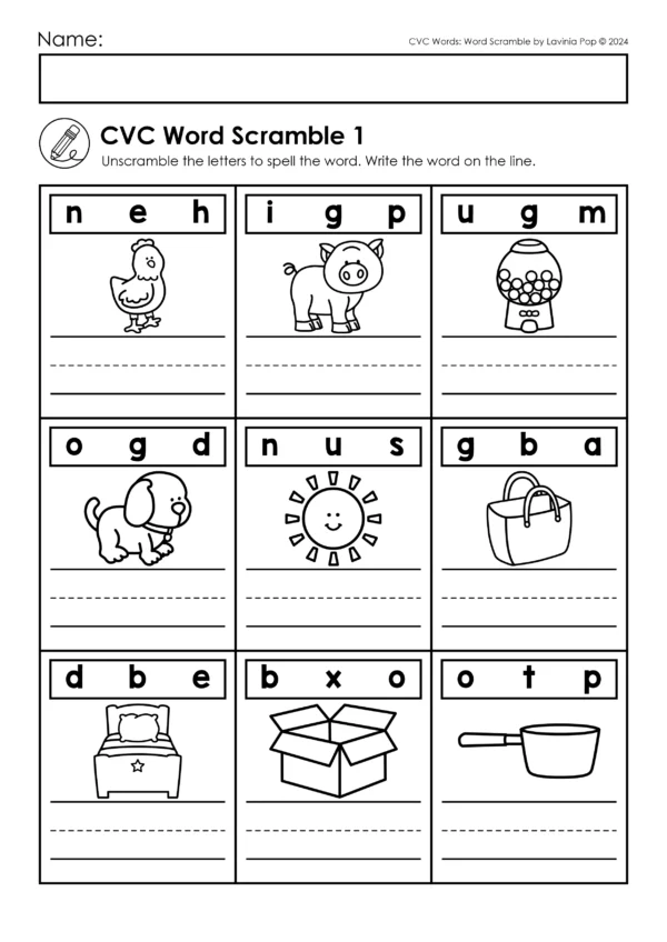 CVC Word Scramble Printable Activity for Kindergarten | 16 Worksheets