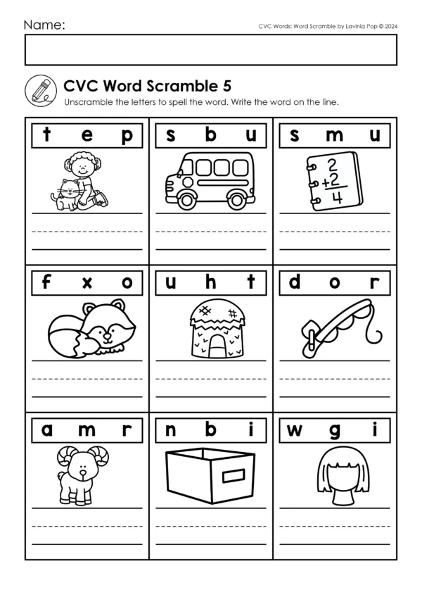 CVC Word Scramble Printable Activity for Kindergarten | 16 Worksheets