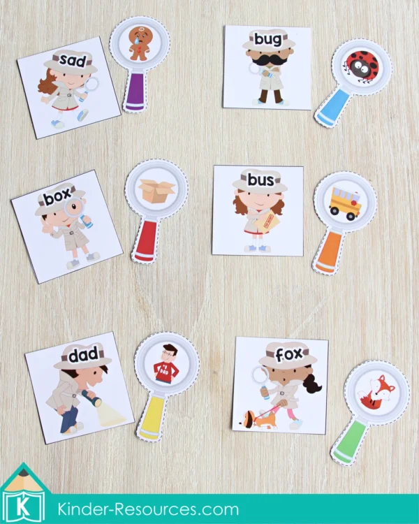 Community Helpers Printable Center Activities for Preschool. CVC Word Detective Match