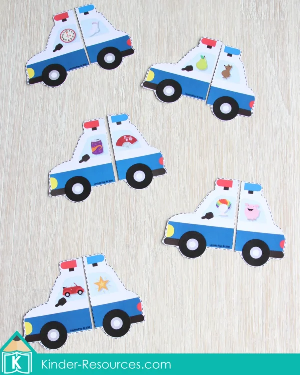 Community Helpers Printable Center Activities for Preschool. Police Cards Rhyming Words Match