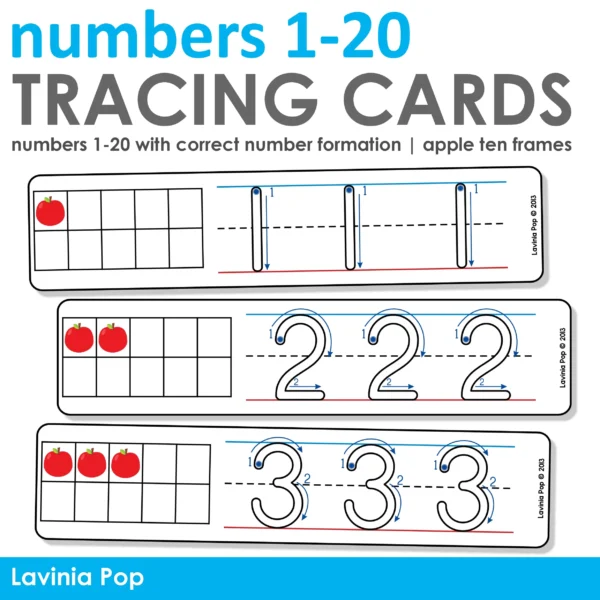 Number Tracing Cards 1-20 with Apple Ten Frames