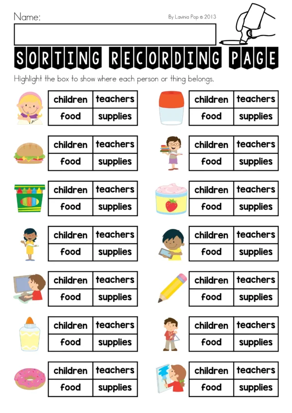 School Themed Sorting Activity for Kindergarten | Math Center