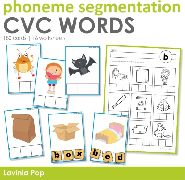 CVC Phoneme Segmentation Cards Center Activity with Worksheets