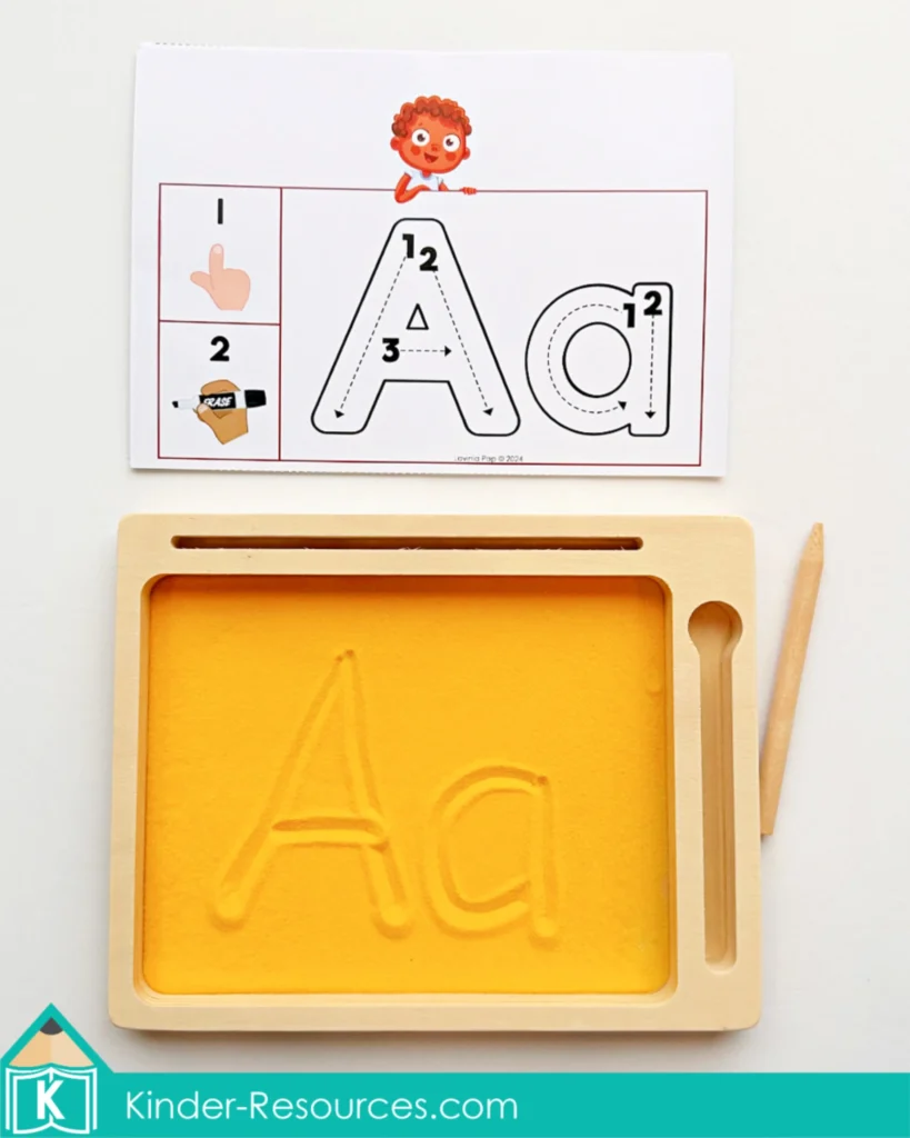 Preschool alphabet tracing activity using sand tray cards for correct letter formation. Download FREE sample pages on the blog!